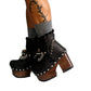Handmade smooth black leather closed-toe platform ankle boots with silver pyramid studs, front chains and 12 cm straight wenge lacquered wooden heel by Sol Caleyo.
