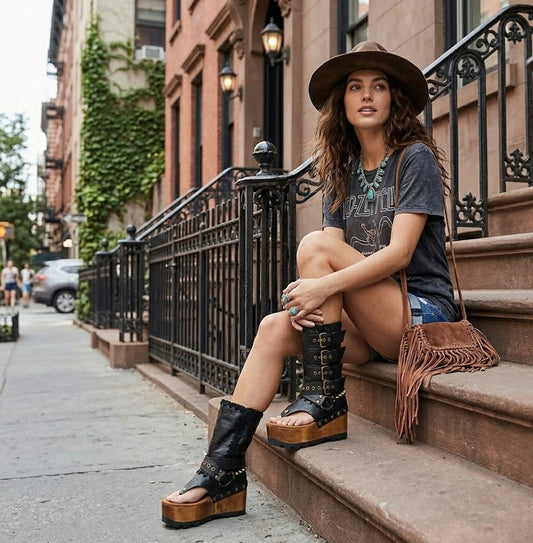 Handmade black leather flip flop wedge boots with old-gold pyramid studs, buckles and 10 cm wooden wedge by Sol Caleyo.