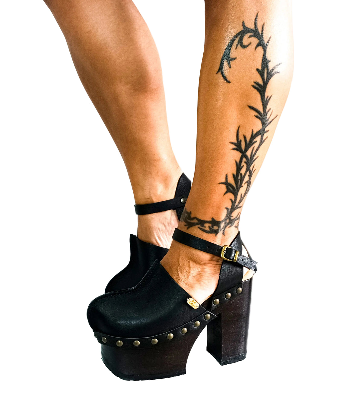 Boho Soul black leather Mary Jane clogs with old gold studs, handmade to order in EU sizes 33 to 47