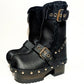 Handmade smooth black leather mid-calf platform boots with silver buckles, rivets and 6.5 cm wenge lacquered wooden heel by Sol Caleyo.
