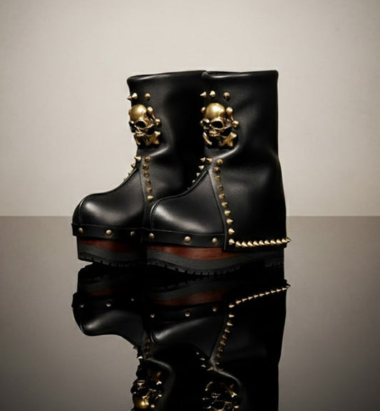 Handmade smooth black leather mid-calf wedge boots with old-gold metal skull, pyramid studs and 8 cm wenge lacquered wooden wedge by Sol Caleyo.