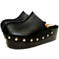 Jet black handmade leather open-back wedge mule clogs with silver studs and wooden wedge sole by Sol Caleyo.