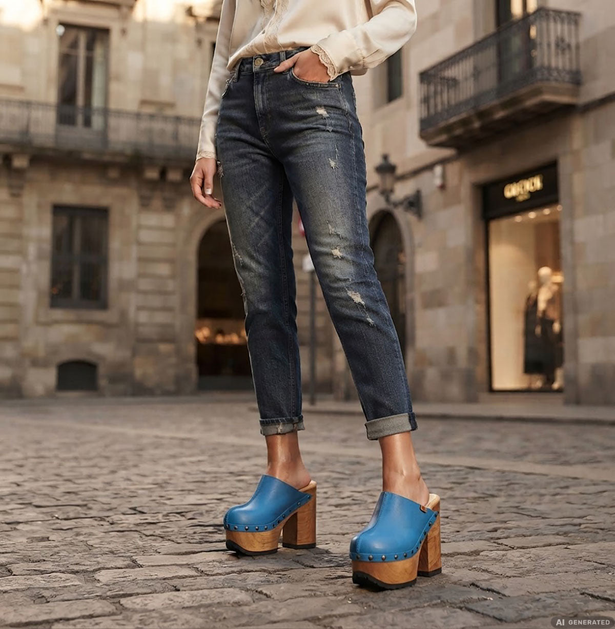 Woman wearing Blue Jeans Clogs with rolled denim jeans on cobblestone street