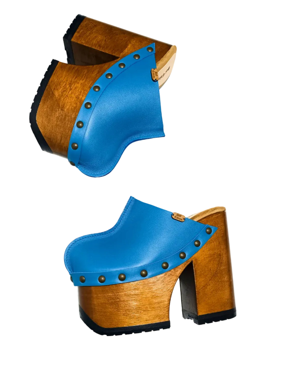 Close-up of bronze stud detail on Blue Jeans Clogs leather strap