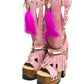 Close-up of Rhapsody Bohemia Pink Boots in premium pink suede with fringe, hand-selected feathers, and organic shells. These artisanal boho boots by Sol Caleyo feature a high hand-sculpted wooden heel and platform.