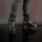 Black leather platform boots with silver studs. Black leather biker style boots with buckles. Black leather ankle boots with vintage style buckles. Leather boots with wooden heel. High-end handmade footwear by Sol Caleyo.