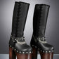 Handmade leather platform boots with silver pyramid studs, chains and 15 cm wenge wooden heel by Sol Caleyo