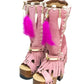Close-up of Rhapsody Bohemia Pink Boots in premium pink suede with fringe, hand-selected feathers, and organic shells. These artisanal boho boots by Sol Caleyo feature a high hand-sculpted wooden heel and platform.