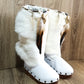 White handmade boho leather and rabbit fur wedge boots with carved bone, shells and feathers by Sol Caleyo