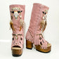Wild Soul Pink Boots, artisan handmade pink leather boots with 12cm wooden heel and goat leather lining, isolated view.