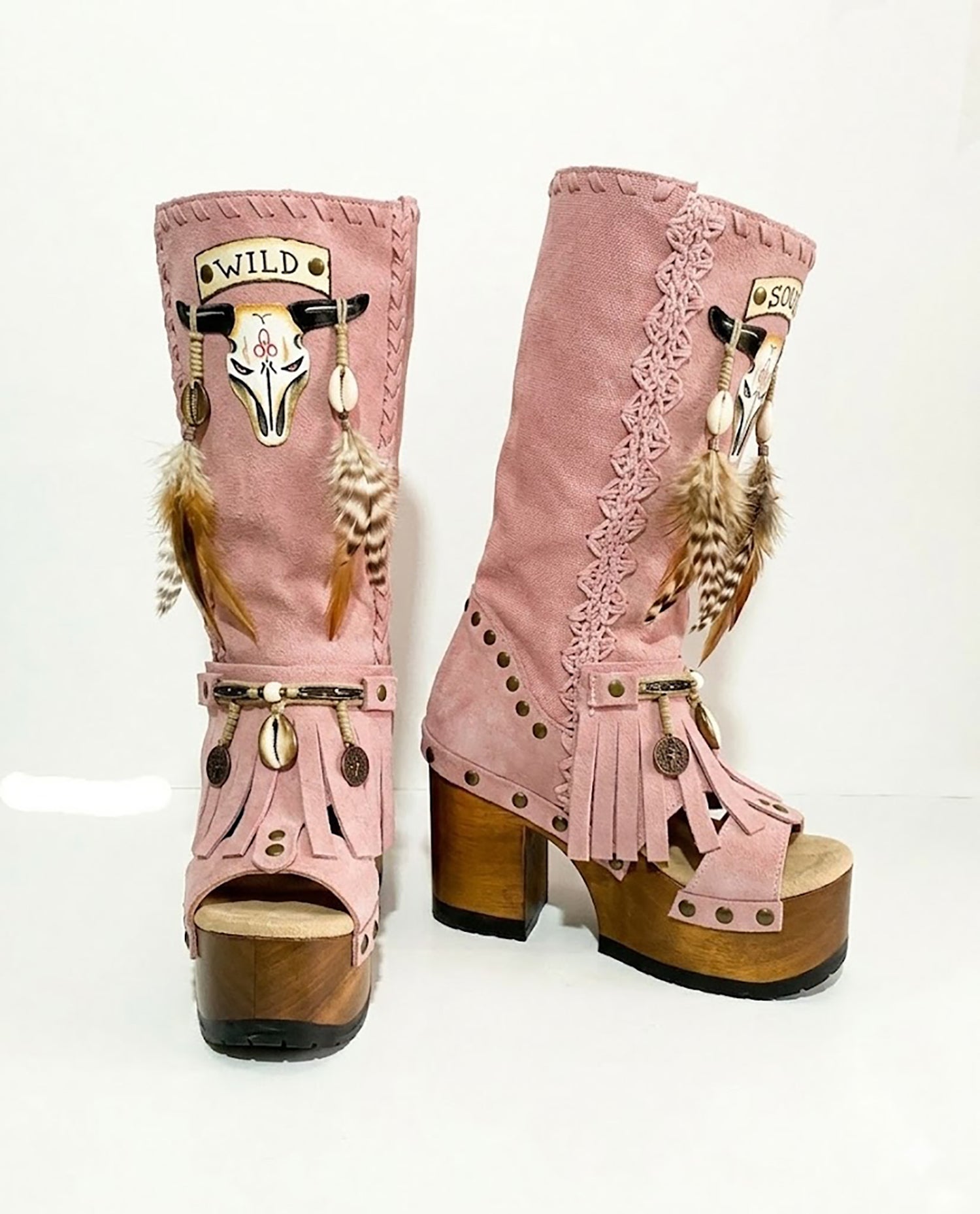 Wild Soul Pink Boots, artisan handmade pink leather boots with 12cm wooden heel and goat leather lining, isolated view.