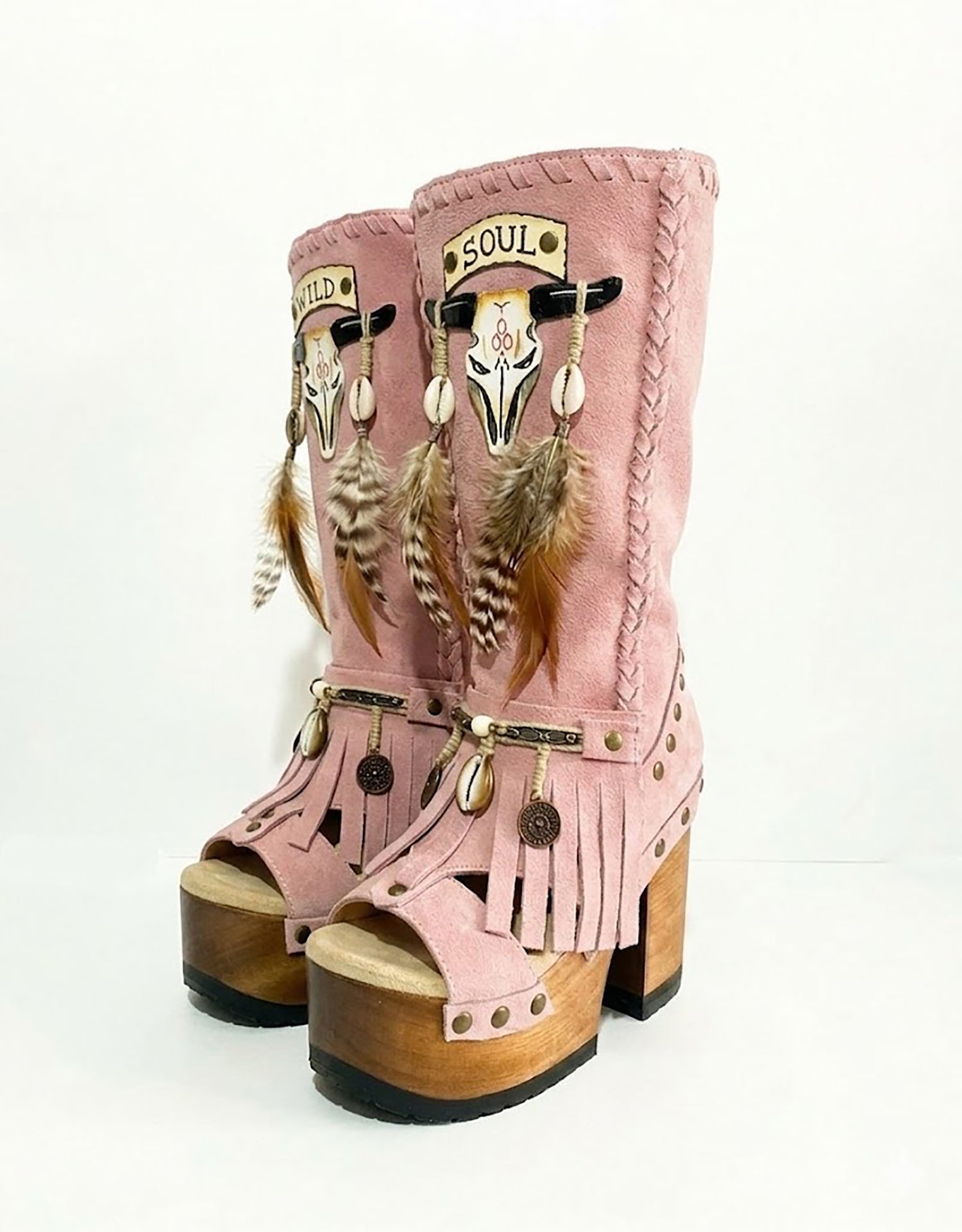 Wild Soul Pink Boots, artisan handmade pink leather boots with 12cm wooden heel and goat leather lining, isolated view.