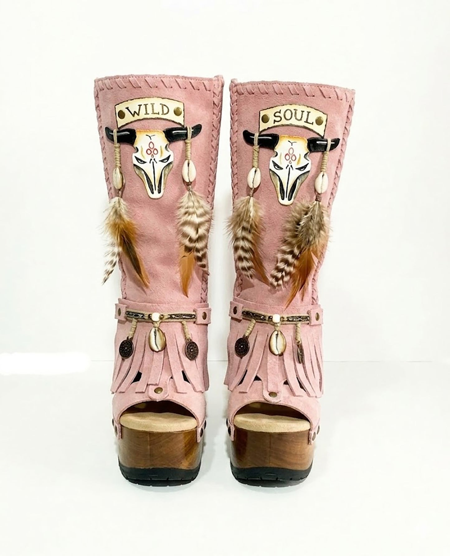 Wild Soul Pink Boots, artisan handmade pink leather boots with 12cm wooden heel and goat leather lining, isolated view.