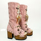 Wild Soul Pink Boots, artisan handmade pink leather boots with 12cm wooden heel and goat leather lining, isolated view.
