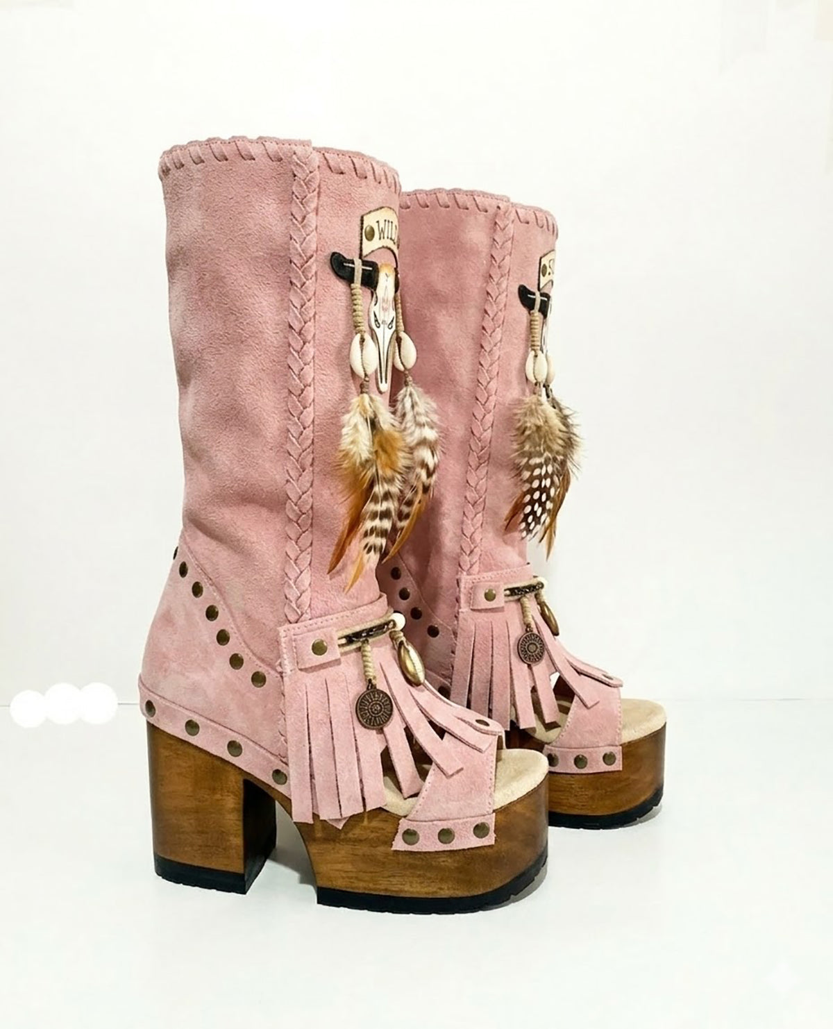 Wild Soul Pink Boots, artisan handmade pink leather boots with 12cm wooden heel and goat leather lining, isolated view.