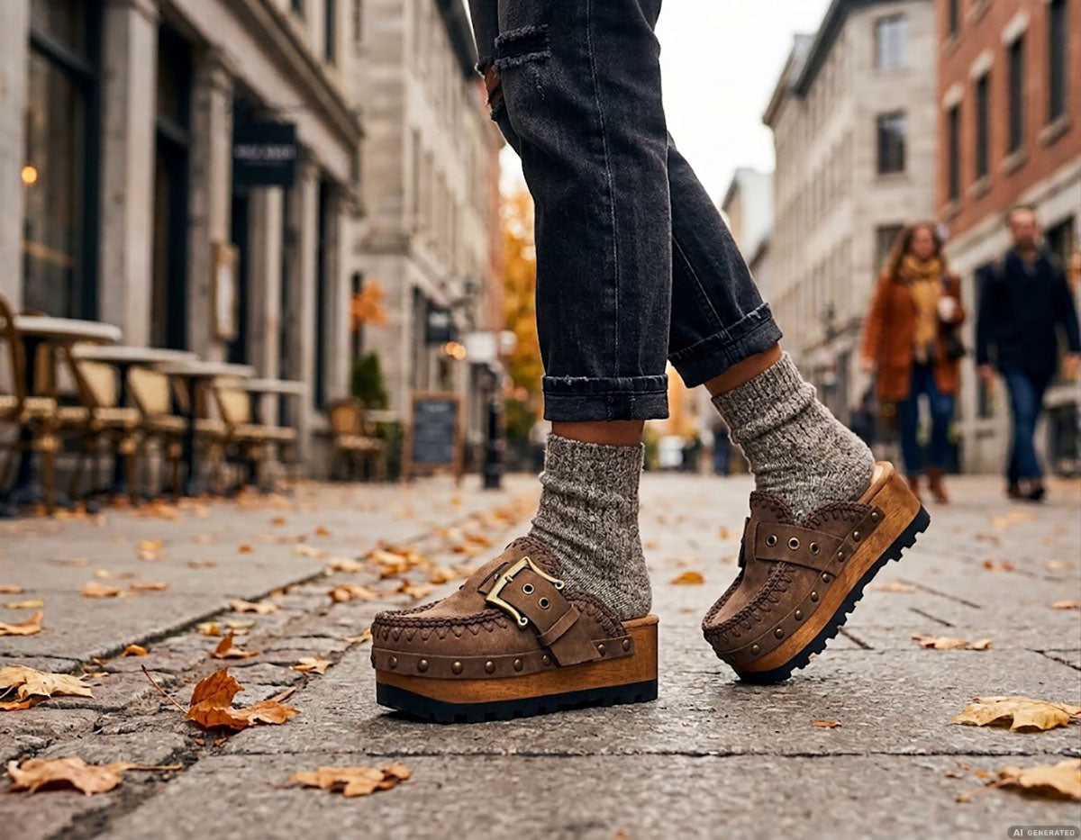 Custom made wooden sole clogs in distressed brown leather styled with wool socks and black jeans in autumn