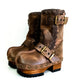 Handmade brown distressed leather mid-calf platform boots with old-gold buckles, rivets and 6.5 cm natural lacquered wooden heel by Sol Caleyo.