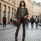Handmade dark brown aged leather biker platform boots with antique-gold pyramid studs, buckles and 6 cm wooden heel by Sol Caleyo.