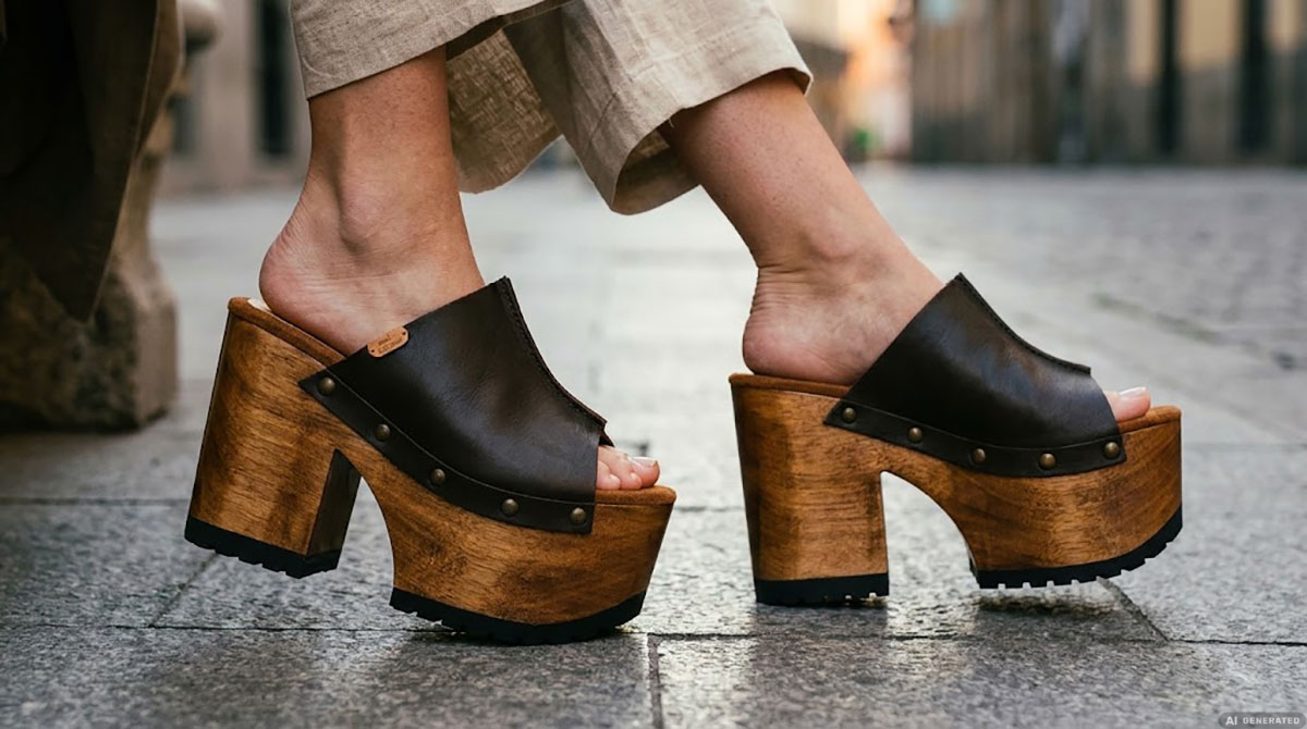 Dark brown wide strap platform mule sandals with antique-gold studs, styled with linen trousers, made to order by Sol Caleyo