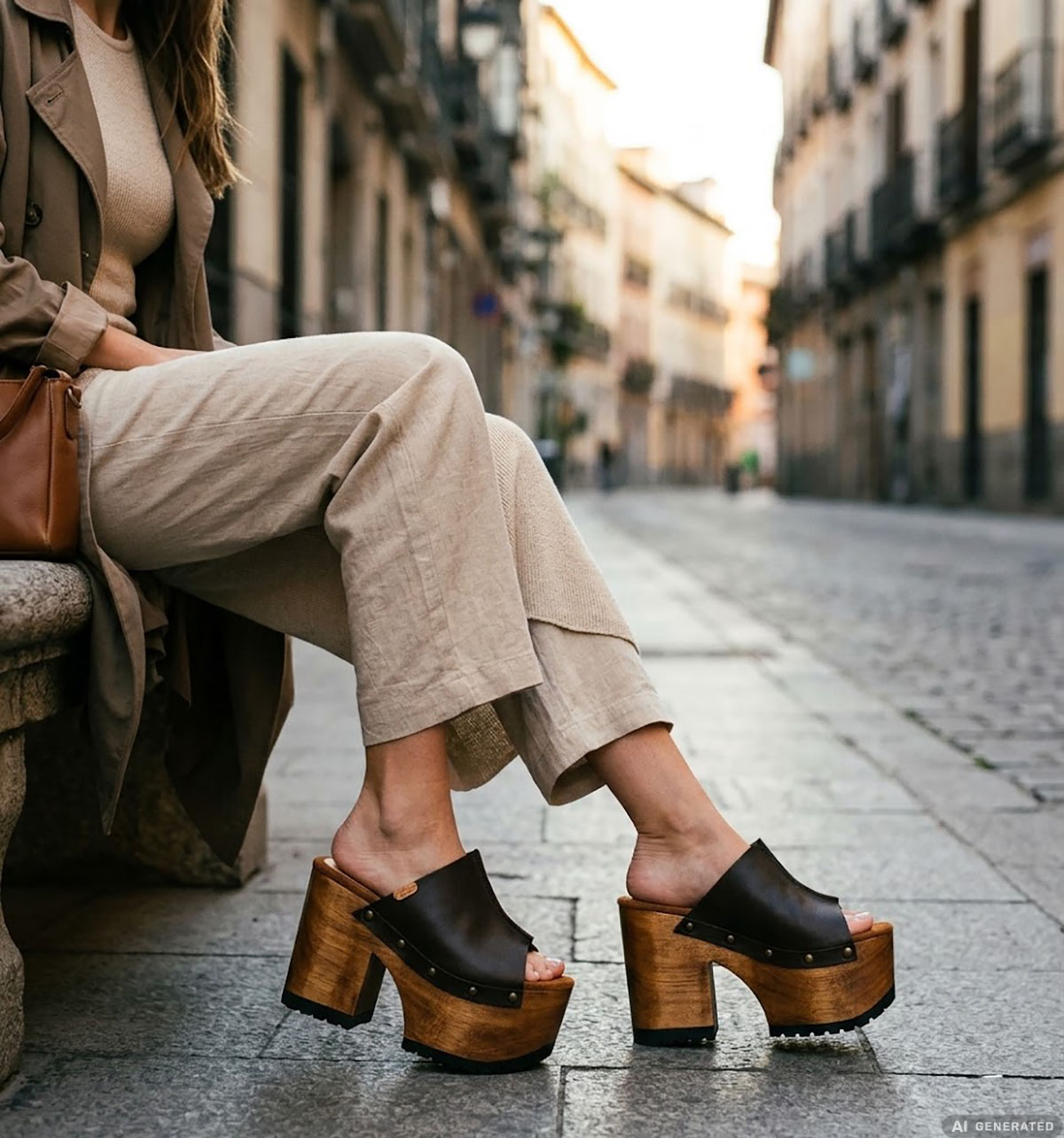 Handmade dark brown leather platform mule sandals with a 13 cm wooden heel, worn on a city street, by Sol Caleyo