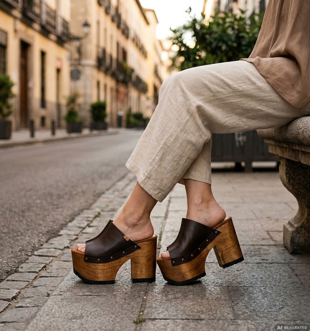 Brown leather platform mules on a lacquered wooden sole, worn by a model, 100% handmade to order