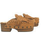 Side profile of Sol Caleyo Niza Clogs in light brown leather, showcasing hand-braided strap, crochet trim, bronze studs, and a sturdy wooden platform sole.