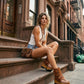 Camel handmade leather flip flop wedge boots with crochet trim, old-gold pyramid studs and 10 cm wooden wedge by Sol Caleyo.
