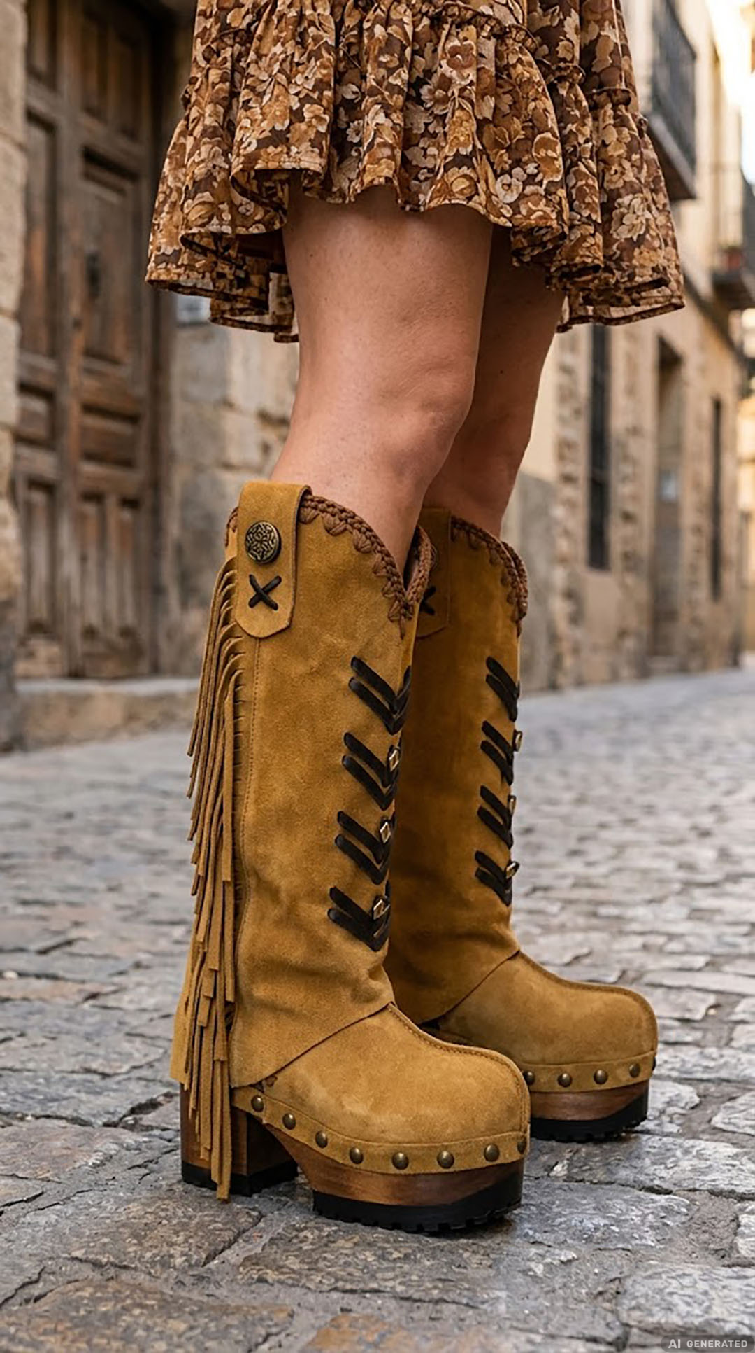 Camel handmade suede cowboy boots with long fringe, brown leather appliqués and 9 cm carved wooden heel by Sol Caleyo.