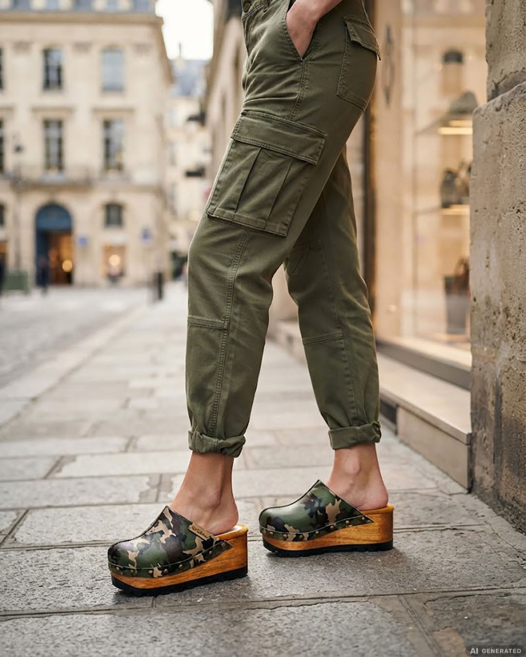 Handmade camo print open-back wedge mule clogs with antique-gold studs and 7 cm wooden wedge by Sol Caleyo.