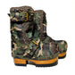 Handmade military green and brown camo print leather mid-calf platform boots with antique gold buckles and 6.5 cm lacquered wooden heel by Sol Caleyo.