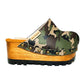 Handmade camo print open-back wedge mule clogs with antique-gold studs and 7 cm wooden wedge by Sol Caleyo.