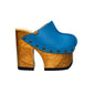 Blue Jeans Clogs by Sol Caleyo - side view of blue leather platform clog