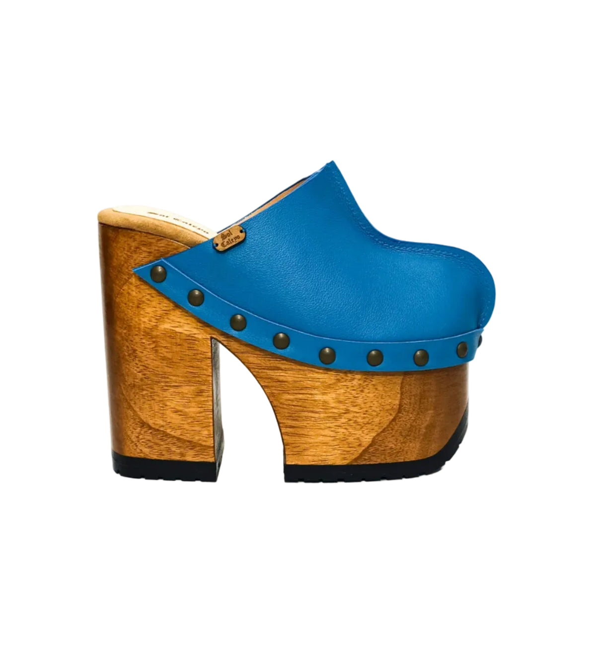 Blue Jeans Clogs by Sol Caleyo - side view of blue leather platform clog