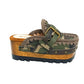 Handcrafted military camouflage and brown leather platform clog with unique crochet stitch edging and antique gold buckle detailing on a sturdy wooden base with a rugged black rubber outsole.