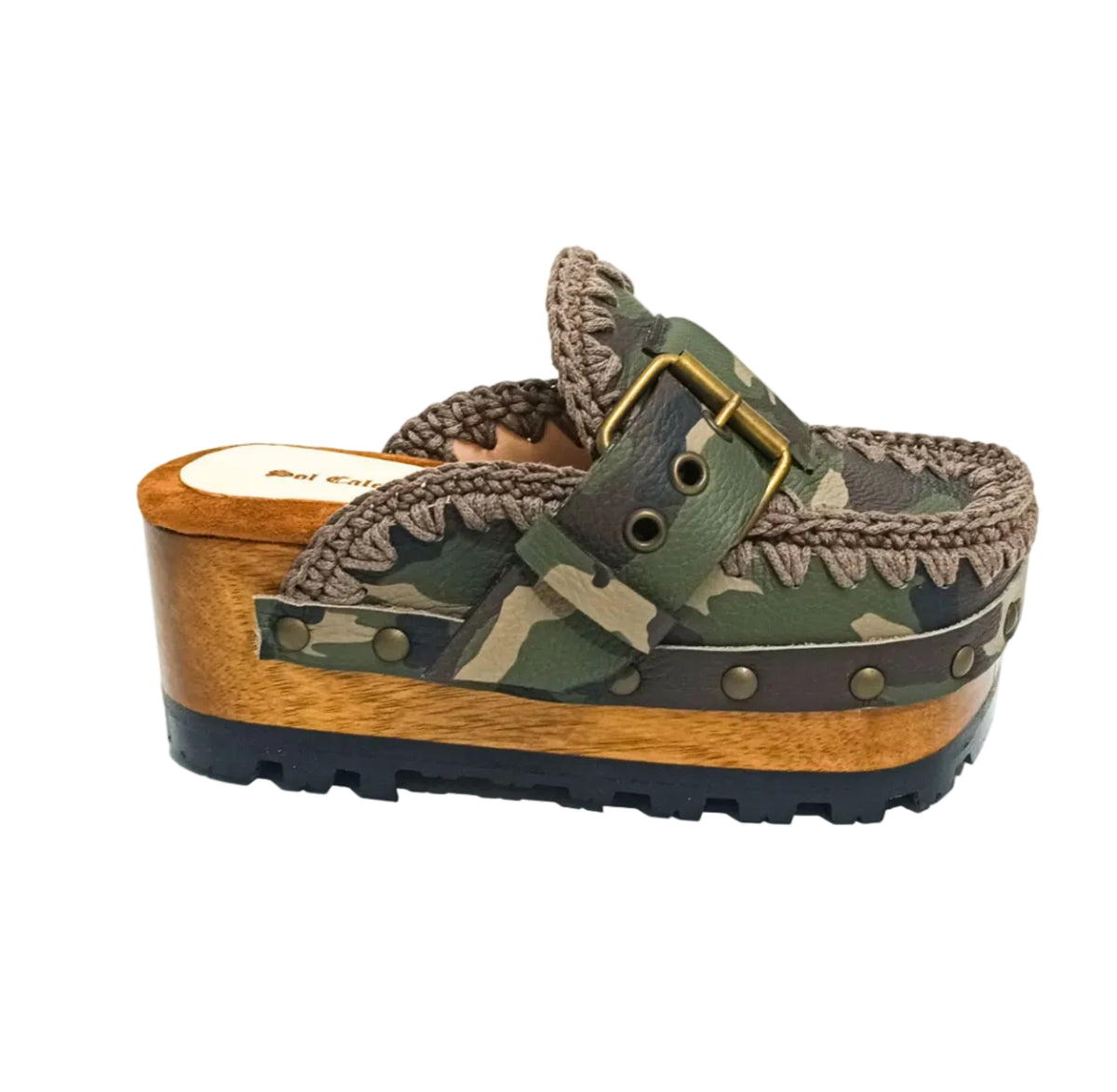 Handcrafted military camouflage and brown leather platform clog with unique crochet stitch edging and antique gold buckle detailing on a sturdy wooden base with a rugged black rubber outsole.
