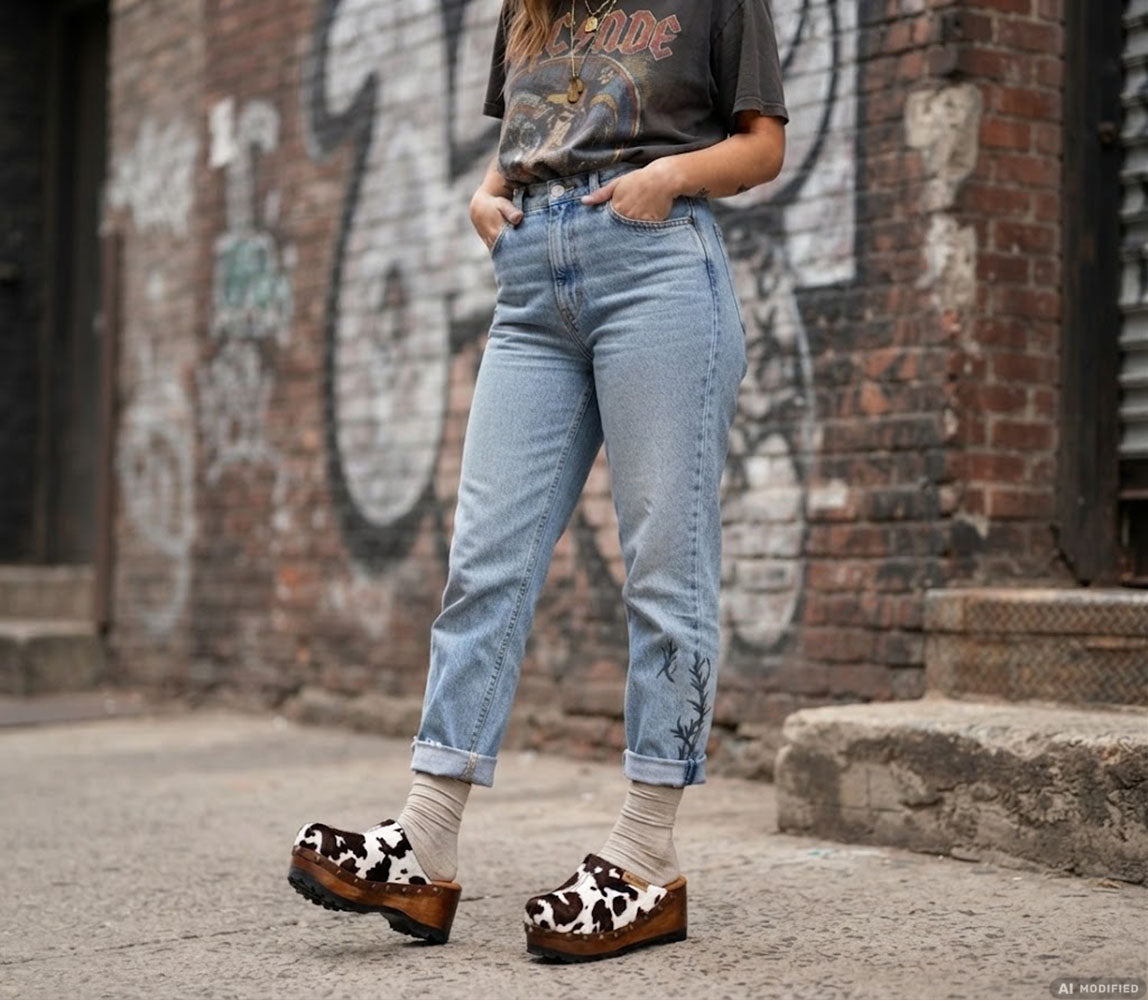 Cowhide leather clogs with wooden wedge, Vintage 70's style clogs. Leather clogs with wooden wedge. High quality footwear handmade by Sol Caleyo.