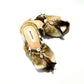 Handmade boho suede platform clogs with rabbit fur, carved bone, shells and feathers by Sol Caleyo