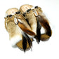 Handmade boho suede platform clogs with rabbit fur, carved bone, shells and feathers by Sol Caleyo