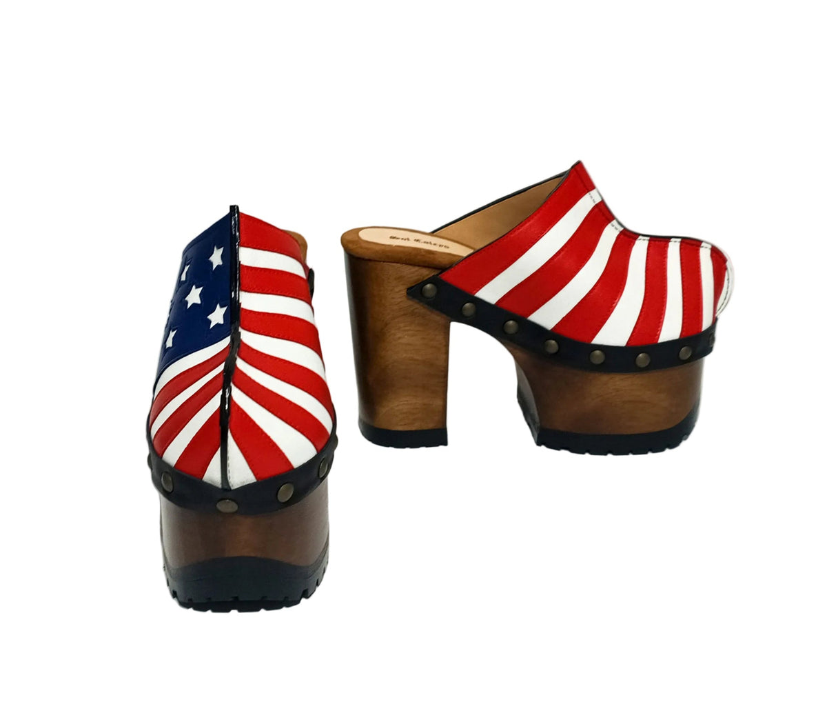 Sol Caleyo Handmade American Clogs - USA Flag Leather Platform Wooden Shoe