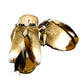 Handmade boho suede platform clogs with rabbit fur, carved bone, shells and feathers by Sol Caleyo