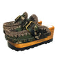 Handcrafted military camouflage and brown leather platform clog with unique crochet stitch edging and antique gold buckle detailing on a sturdy wooden base with a rugged black rubber outsole.