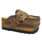 Three-quarter view of Sol Caleyo leather platform clog with hand-crocheted trim and antique brass buckle