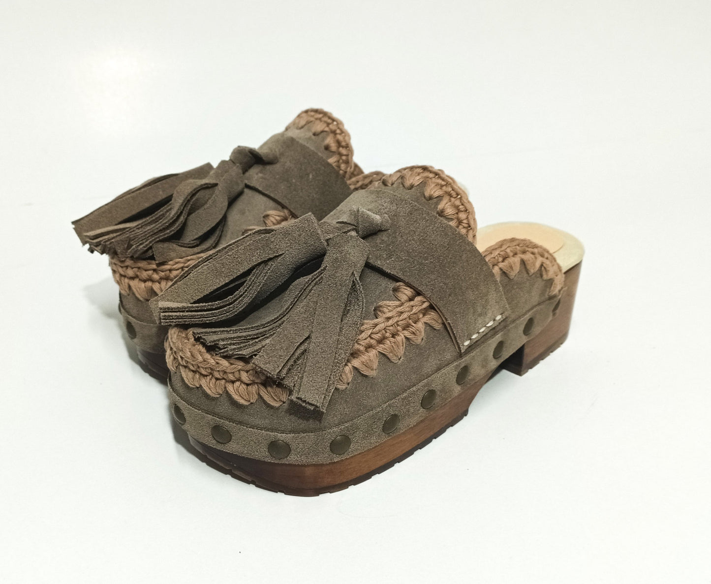 Sol Caleyo Artemisa Earth Tone Suede Tassel Clogs side view on white background