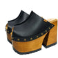 Black leather clogs in a vintage 70s style. Super high vintage-style wooden heel. Sizes 33 to 47. High-end footwear handmade by Sol Caleyo.