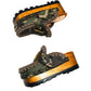 Handcrafted military camouflage and brown leather platform clog with unique crochet stitch edging and antique gold buckle detailing on a sturdy wooden base with a rugged black rubber outsole.