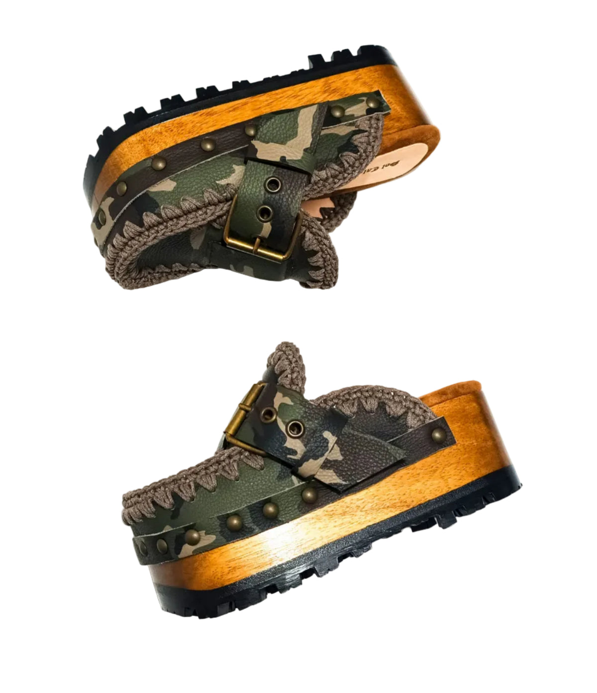 Handcrafted military camouflage and brown leather platform clog with unique crochet stitch edging and antique gold buckle detailing on a sturdy wooden base with a rugged black rubber outsole.