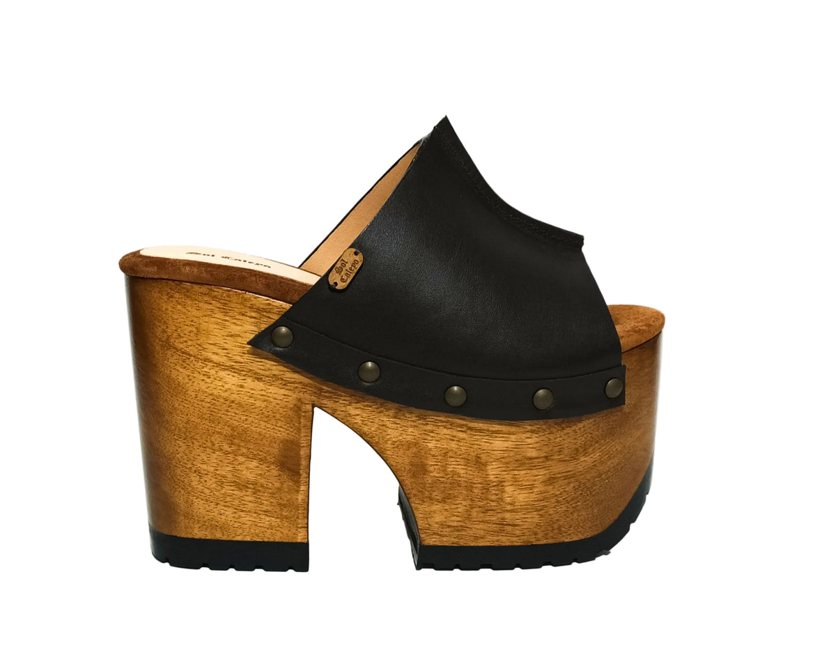 Dubai dark brown leather platform mule sandals with 13 cm natural wood heel by Sol Caleyo