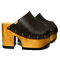 Handmade full-grain dark brown leather open toe platform mule clogs with round flat bronze studs and 12 cm natural lacquered wooden heel by Sol Caleyo.