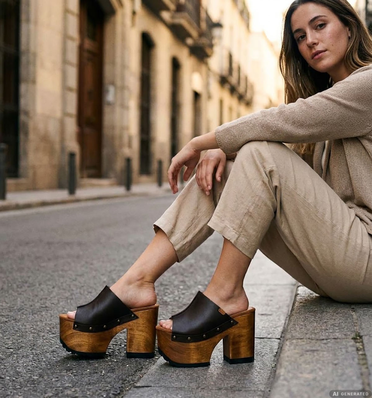 Model wearing dark brown leather open toe platform mules with a wide strap and natural wood heel, handmade in Spain