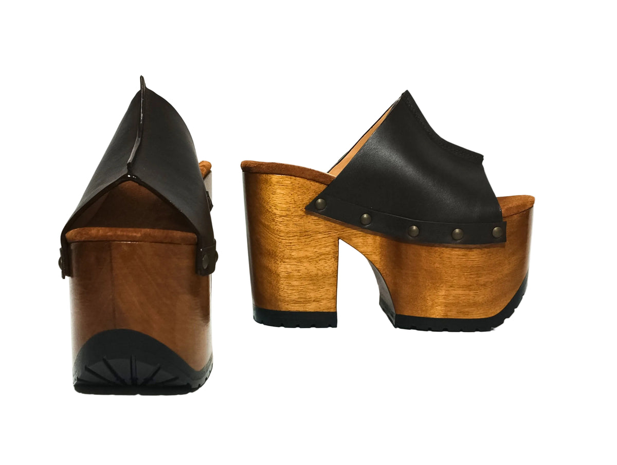 Smooth dark brown leather strap with antique-gold studs on handmade platform mule sandals